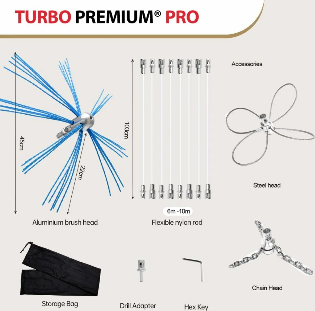 TURBO Premium PRO 14m: Kit Spazzacamino Rotante per Trapano Professionale - 9