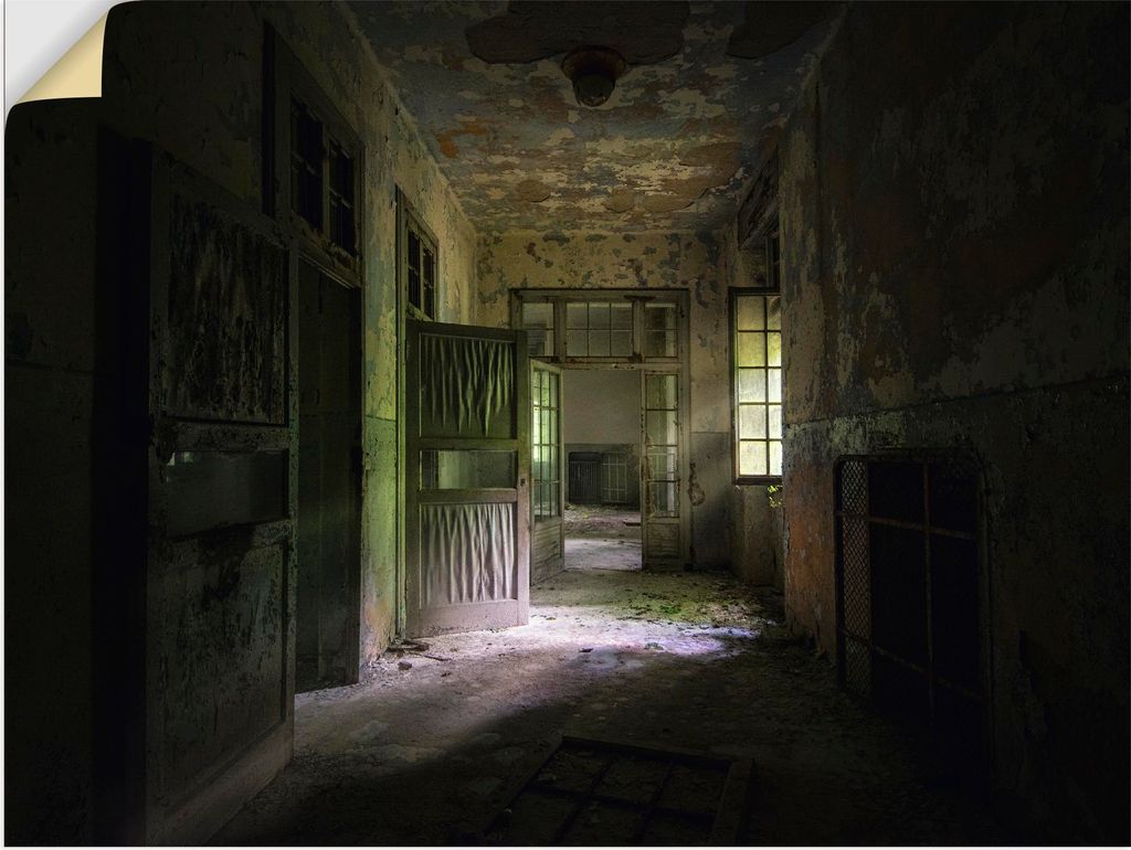 ARTland Wandbild, selbstklebend Lost Place Düsterer Flur Türen Gang Größe: 40x30 cm