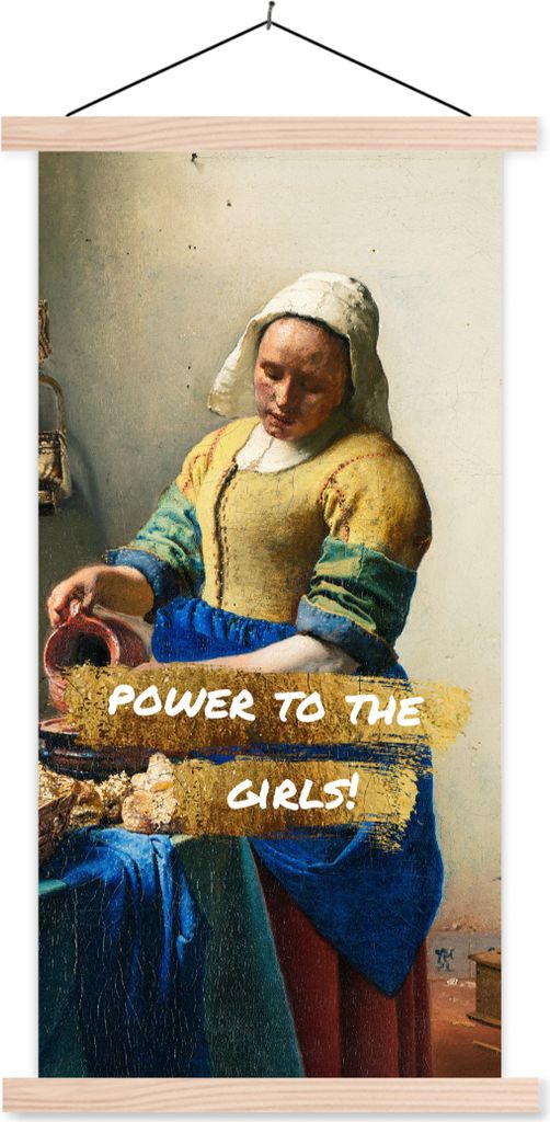 MuchoWow Textilposter Milchmädchen - Gold - Zitate - Gemälde - Alte Meister 40x80 cm mit holzfarbenen Rahmen - Wohnzimmer