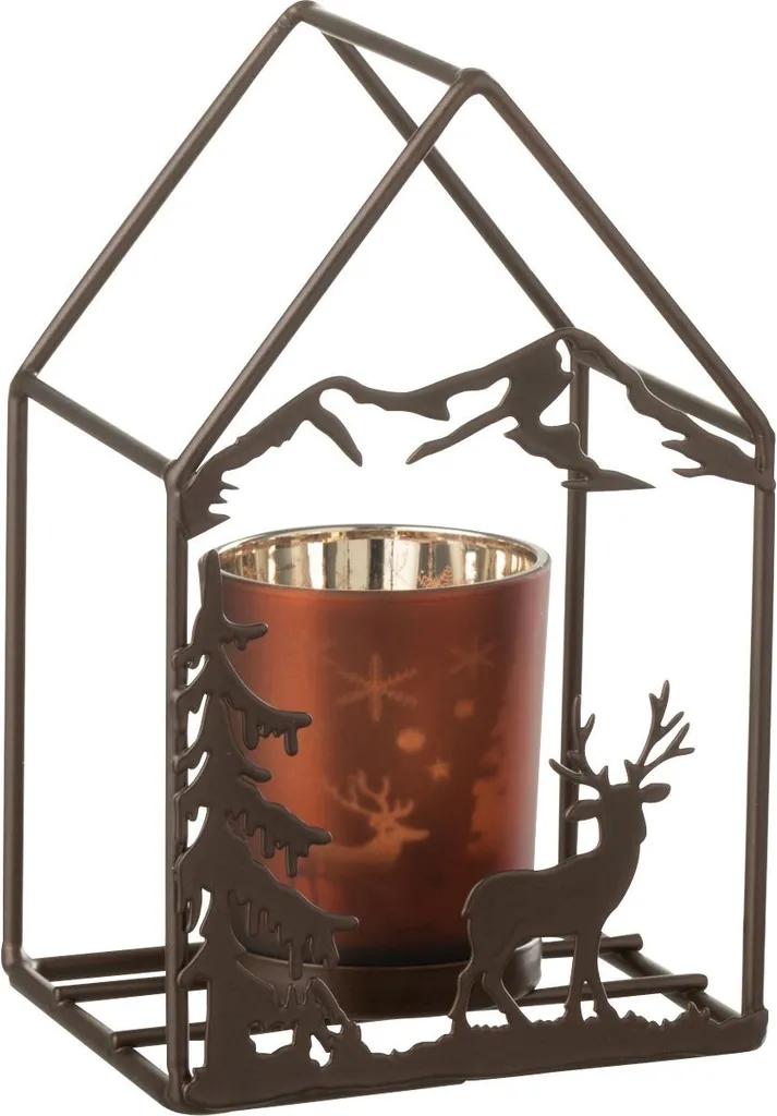 Photophore Maison J-Line Robuste en Fer Marron pour une Décoration Stable