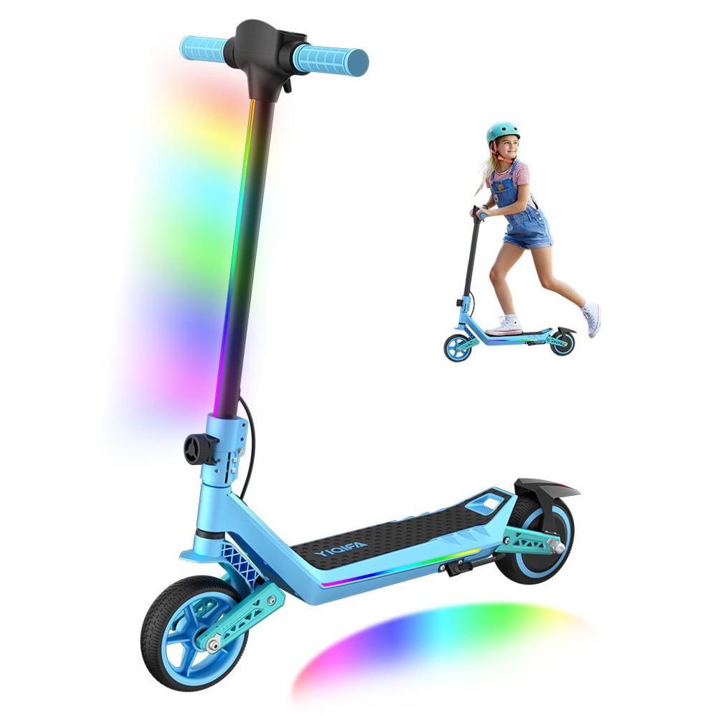 Elektroroller Kinder 6-12 Jahren, Elektroscooter 130W, Klappbar, LED, Kinder E Roller, Doppelstoßdämpfung, Max.16 km/h, Reichweite 10Km, Blau
