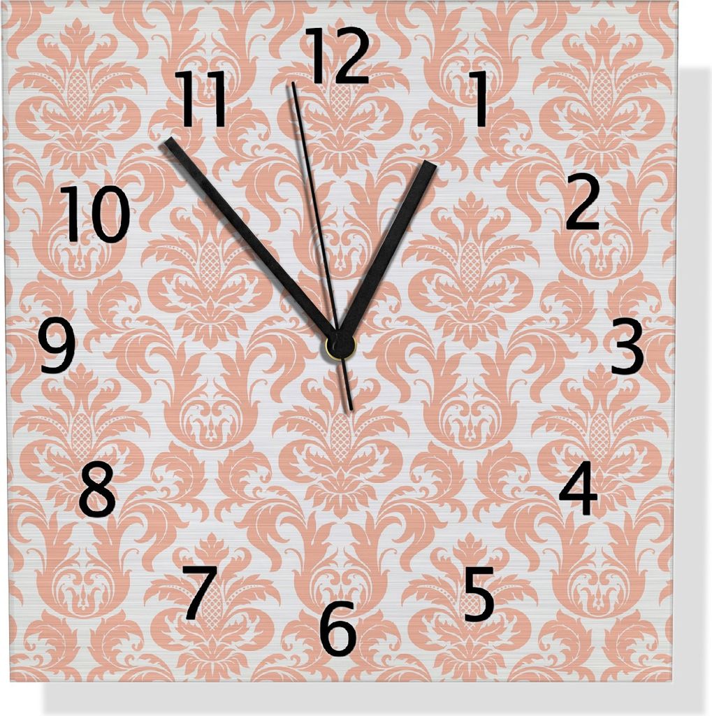 Wallario Design Wanduhr Königliche Schnörkelei in weiß und orange aus Aluverbund, Größe 30 x 30 cm