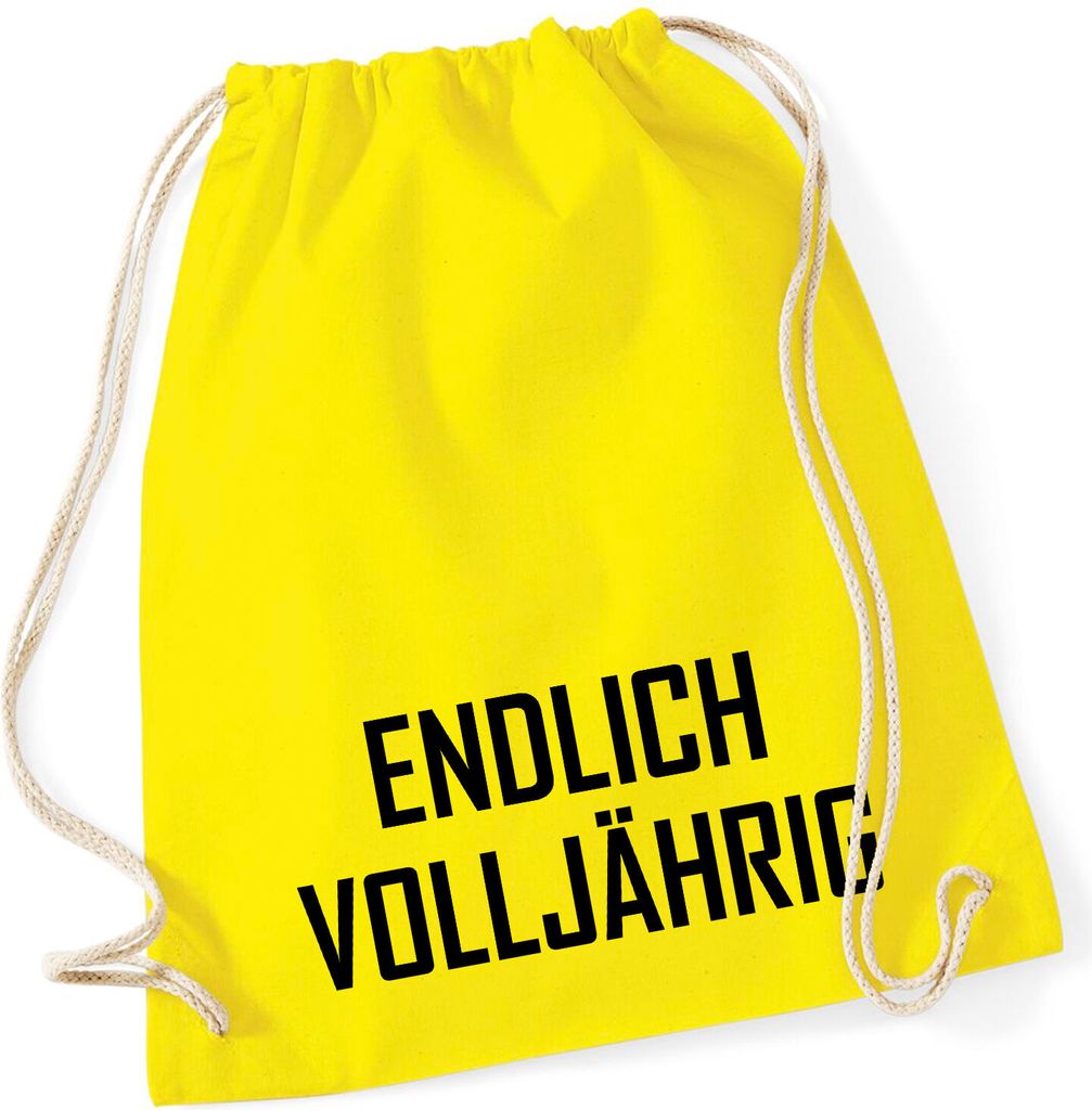 Huuraa Turnbeutel Endlich Volljährig Schriftzug 12 Liter Yellow Baumwolle Rucksack Geschenkidee