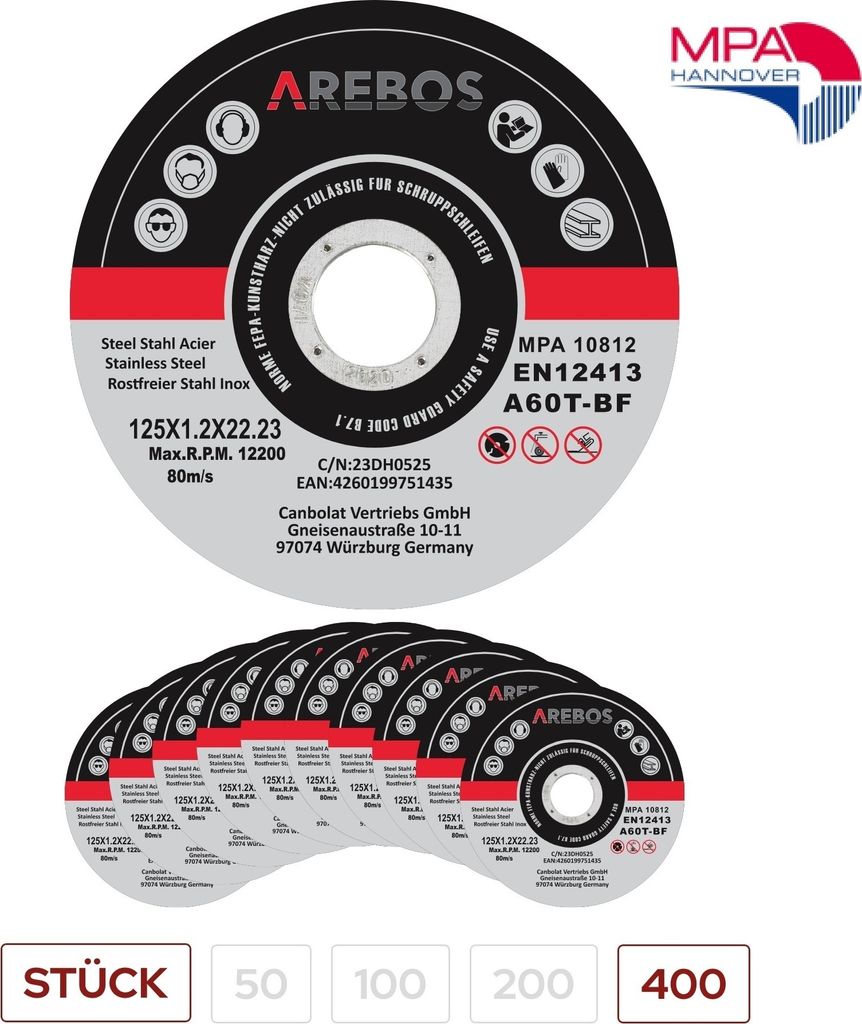 AREBOS 400x 125 mm INOX Trennscheiben 1,2 mm 2.200 U/min EN12413