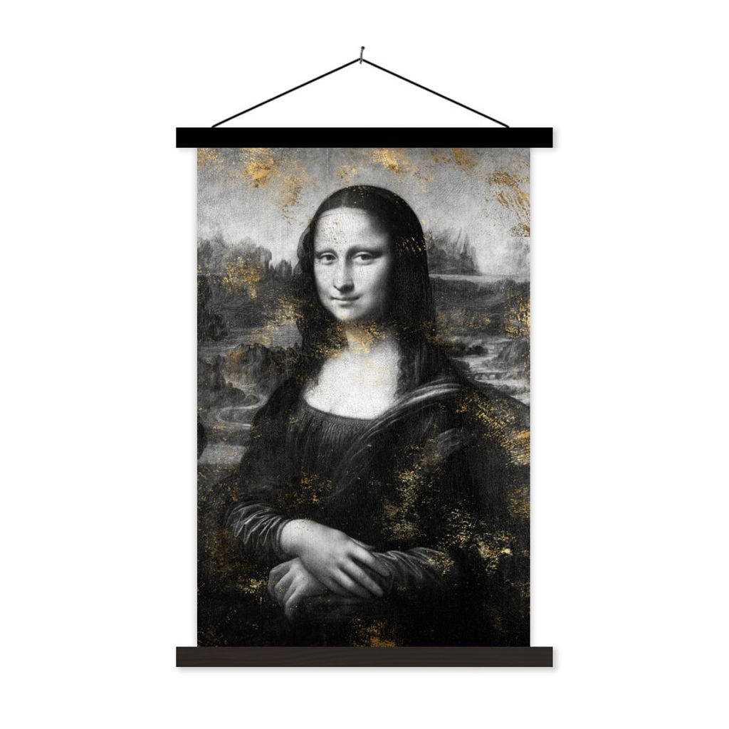 MuchoWow Textilposter Mona Lisa - Leonardo da Vinci - Schwarz - Weiß 40x60 cm mit schwarzem Rahmen - Wanddekorationen