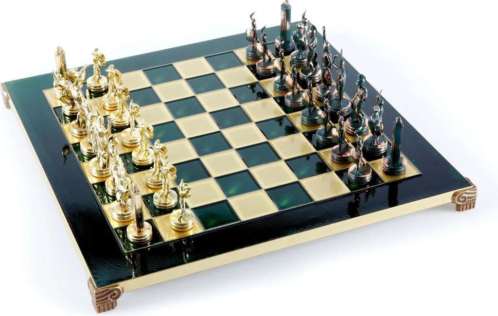Manopoulos Luxus Schachspiel – Griechische Mythologie – Bronze-Schachbrett & Grün/Gold Figuren (36x36 cm)