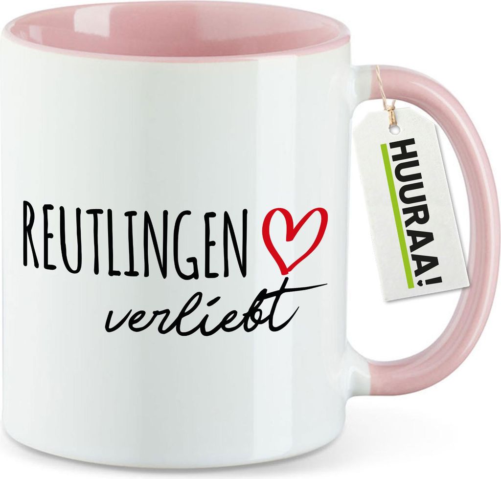 Huuraa Kaffeetasse Reutlingen verliebt 330ml Rosa Keramik Kaffeebecher Geschenkidee