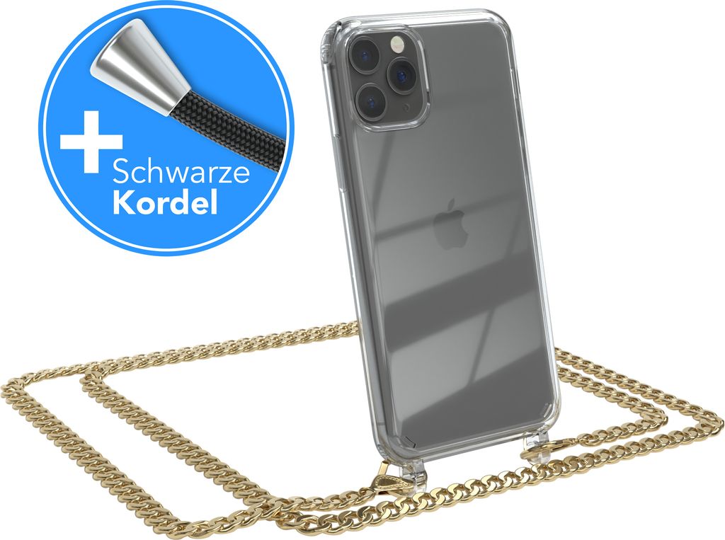 EAZY CASE Metall Handykette für Apple iPhone 11 Pro, Handyhülle mit Umhängeband, Silikonhülle, Metallkette für Smartphone in Gold