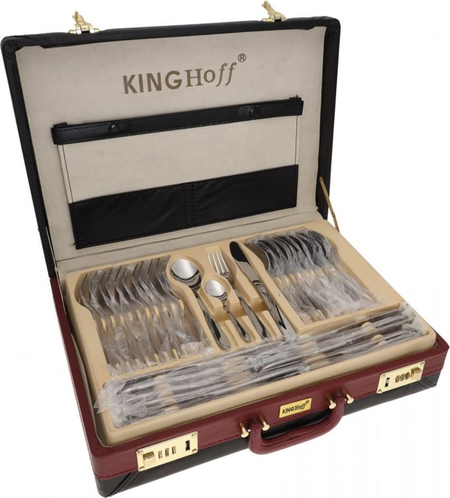 An open suitcase filled with cutlery.