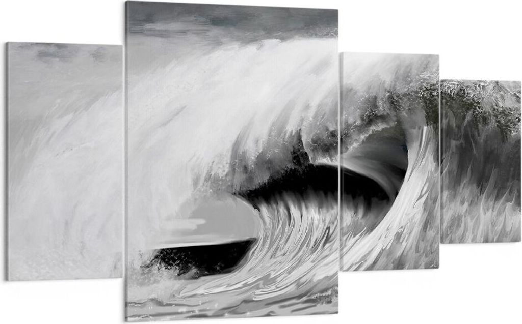 Bild auf Leinwand - Leinwandbild - 4 Teile - Welle Zeichnung Schwarzweiß - 160x90cm - Wand Bild - Wanddeko - Wandbilder - Leinwanddruck - Bilder -...
