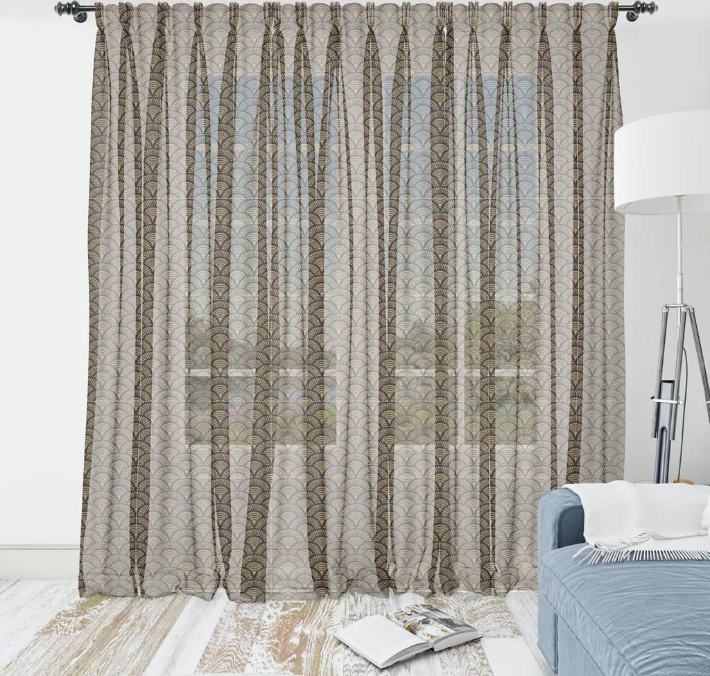 ABAKUHAUS Arazzo con conchiglie di San Giacomo, motivi astratti vintage disegnati a mano in stile Art Déco con conchiglie dai toni caldi, tessuto in raso setoso per soggiorno e camera da letto, 210 cm x 274 cm, color caramello antracite grigio