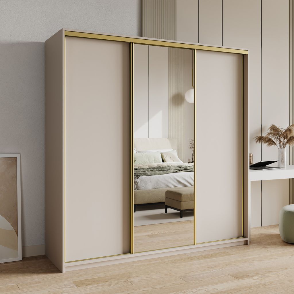 Masseno Schiebetürenschrank TAVI 200/205/60 cm Kleiderschrank mit Schubladen Schlafzimmer Schrank 3-türig mit Spiegel Kaschmir + Gold