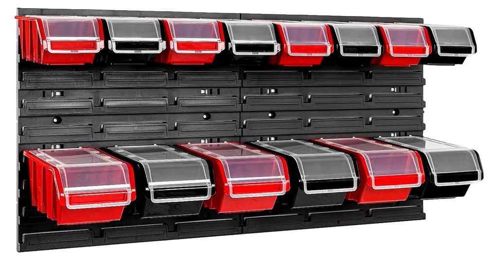 Stapelbox Wandregal 772 x 390 mm - Lagersystem mit 14 Boxen und Deckel - Sichtlagerkästen und Schüttenregal, Schwarz/Rot