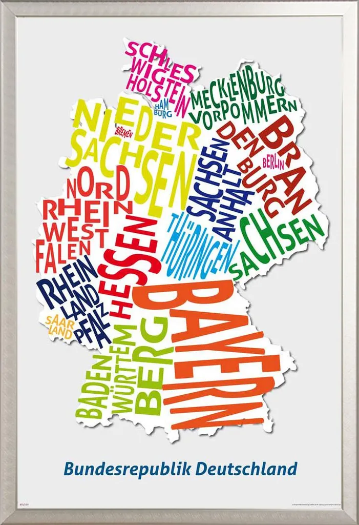 Carte de lettres Allemagne et cadre Shinsuke aluminium argenté 61x91,5 cm