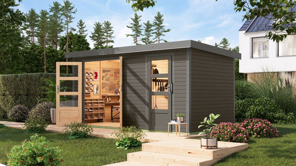 Karibu Gartenhaus Hybridhaus Metall Merkur terragrau 400,5x213,5x209 cm