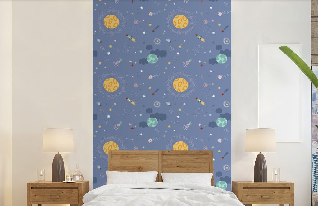 MuchoWow Fototapete für Wohnzimmer oder Schlafzimmer Wandtapete Vinyl Motivtapete Muster - Jungen - Kinder - Raumfahrt - 150x240 cm - Tapeten