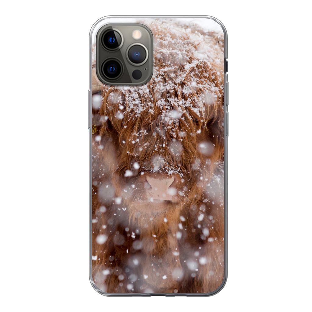 MuchoWow Handyhülle Schutzhülle Hülle für iPhone 12 Pro Schottischer Highlander - Hörner - Schnee Silikon Softcase Handy Hülle - Abdeckung