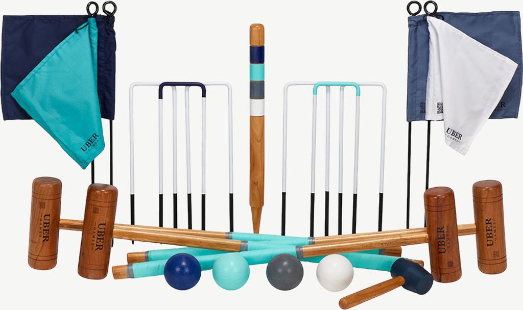 Englisches Garten-Krocket-Set – wunderschönes originelles Gartenspiel – für 4 Personen mit Werkzeugset. Krocket-Kroketten Klasse und großa...