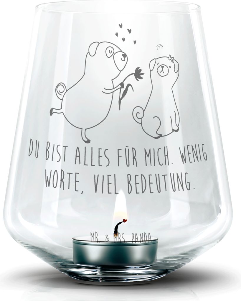 Mr. & Mrs. Panda Kerzenhalter Mops Verliebt - Transparent - Geschenk, Laterne, Hund, Knuffig, Pure Liebe, Glas Windlicht, Gravur, Sprüche, Teelich...