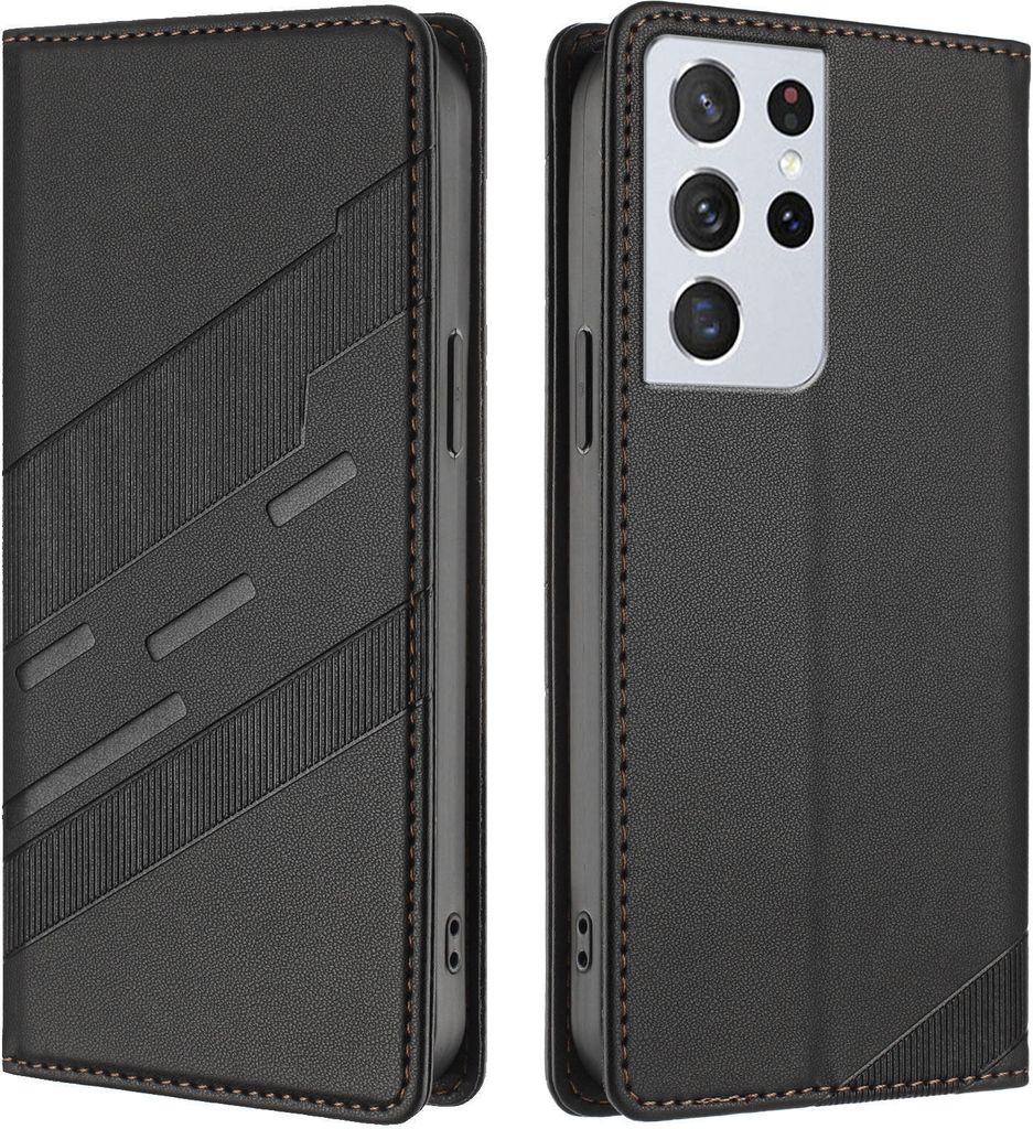 Hülle für Samsung Galaxy S21 Ultra 5G, Kunstleder Brieftaschen Handyhülle mit Kartenfach und Standfunktion Schwarz