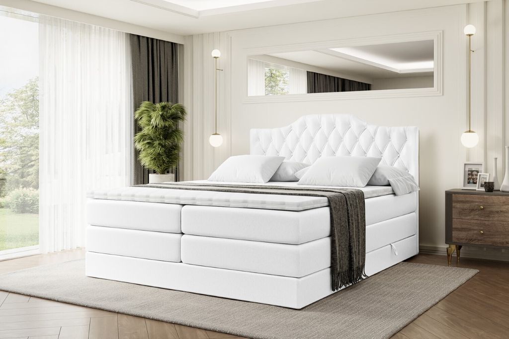 ALTDECOR Boxspringbett mit 2 Matratzen und Topper - 160x200 cm - VILA-1 KING - Weiß Kunstleder - Polsterbett mit, H3- und H4- Matratzen, Bettkaste...