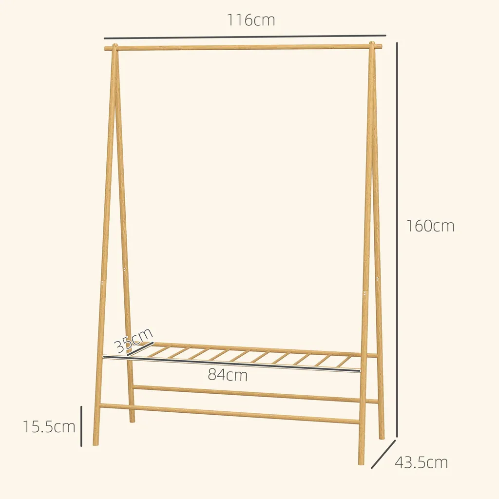 Penderie à Vêtement en Bois de Bambou Naturel avec Crochets et Rayonnage
