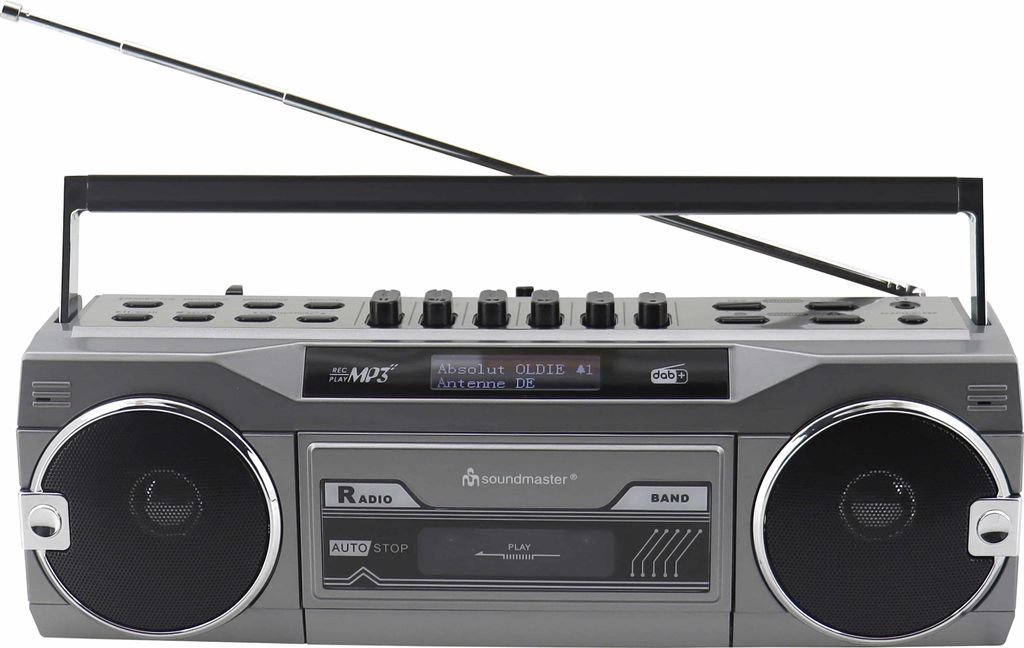 A retro-style boombox with a telescopic antenna extended.
