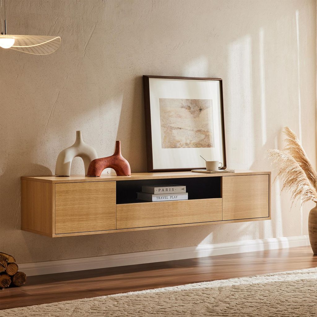 riess-ambiente Hängendes TV-Board LOFT 150cm natur schwarz fünf Fächer mit Schublade Push to Open
