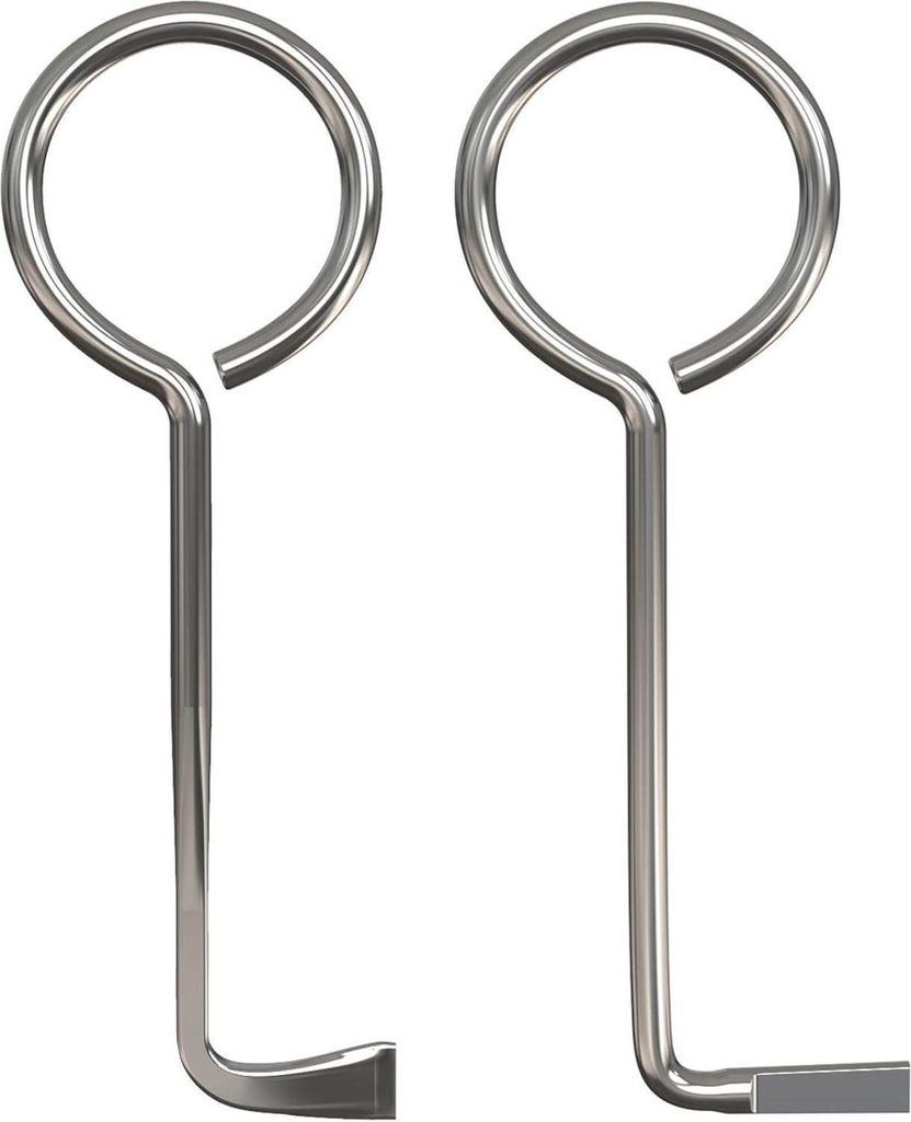 Two silver-colored lock picking tools with circular handles and L-shaped ends are shown against a white background.