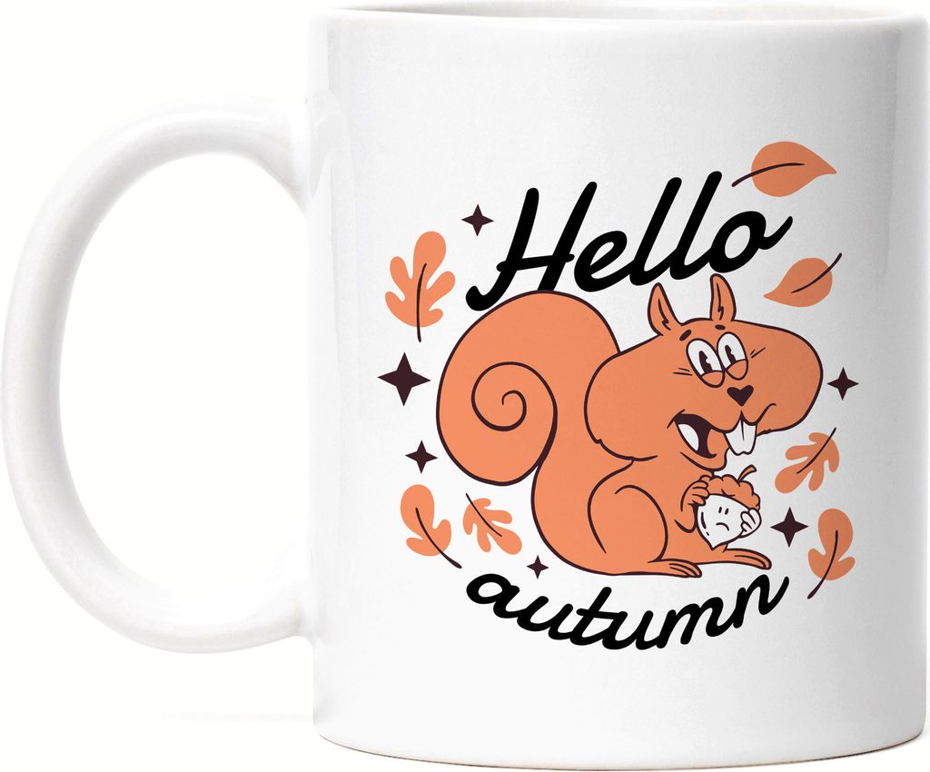 Hello Autumn Tasse Weiß Herbst Bunte Blätter Laub Kastanie Süßes Eichhörnchen Jahreszeit Oktober Herbstbeginn