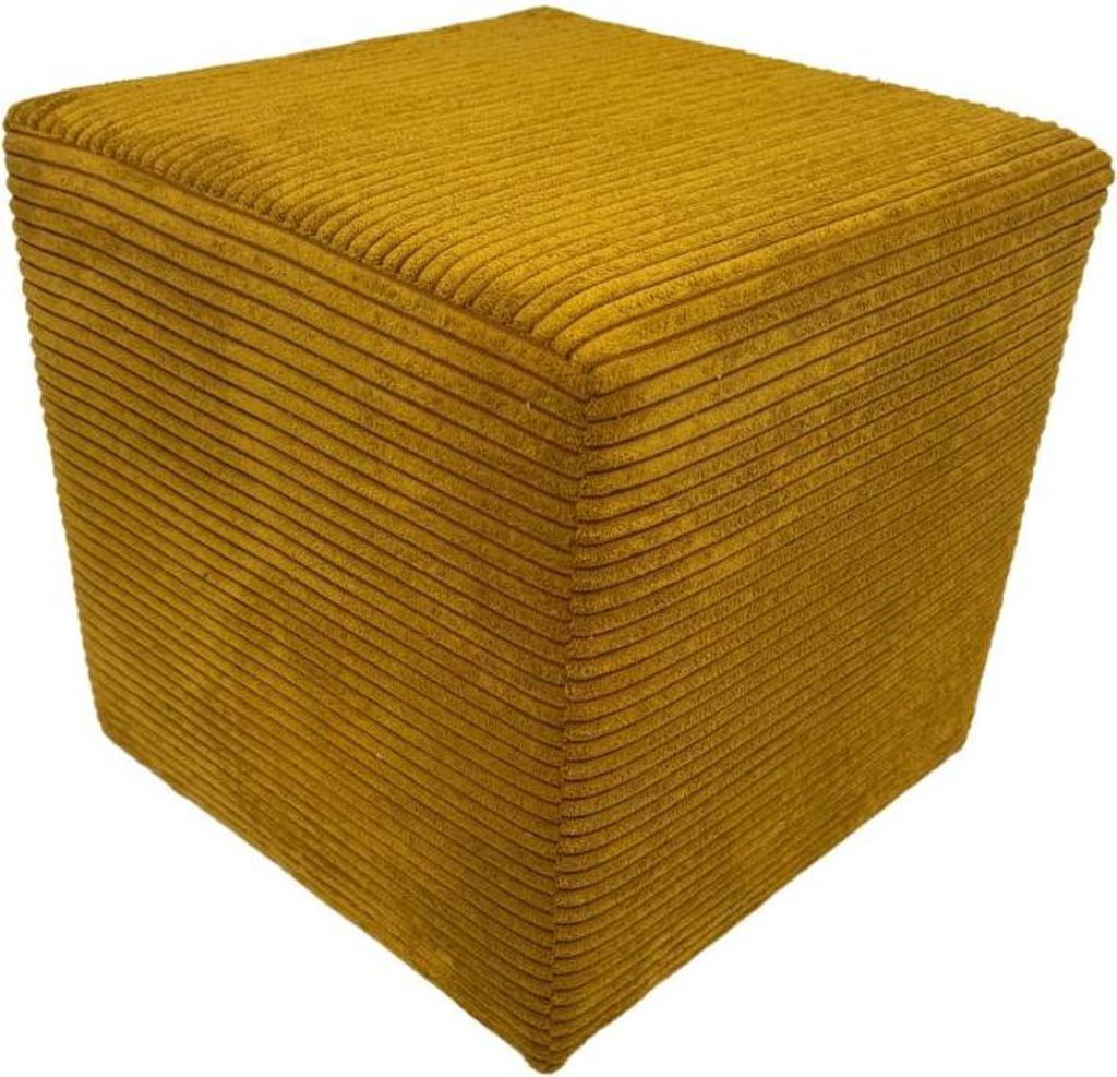 A single mustard yellow corduroy ottoman is shown against a white background.