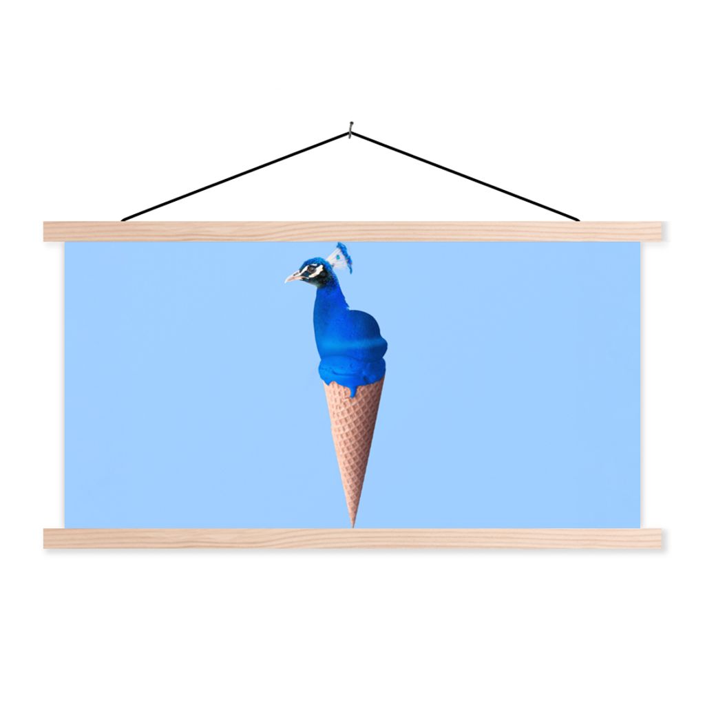 MuchoWow Textilposter Pfau - Eistüte - Eiscreme - Blau - Vogel 60x30 cm mit holzfarbenen Rahmen - Dekoration