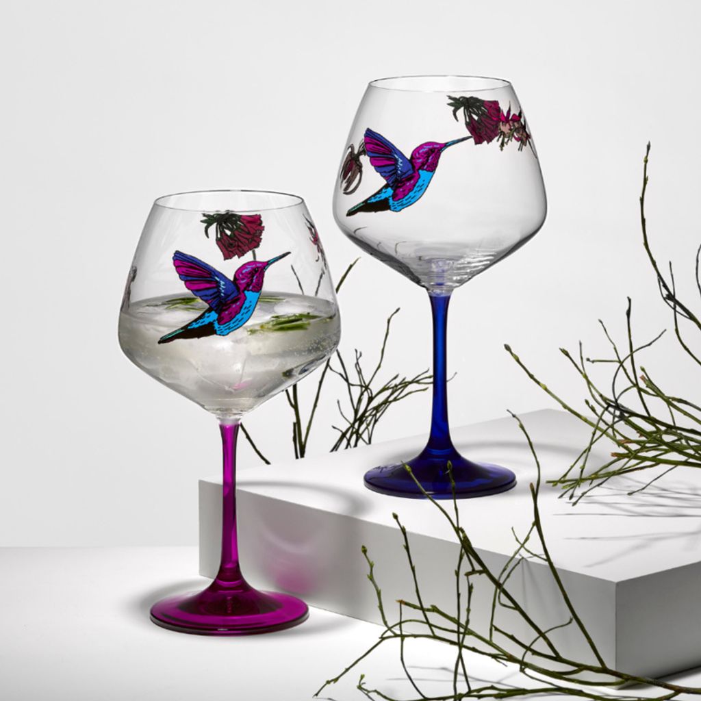 Gin & Tonic Cocktailgläser Weingläser Flying Gems Kolibri Kristallglas 580 ml in blau und rosa 2er Set Bohemia Crystalex