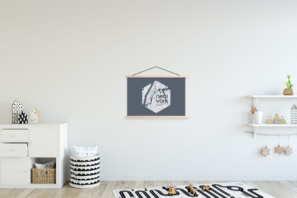 MuchoWow Textilposter New York - Karte - Schwarz 60x40 cm mit holzfarbenen Rahmen - Bilder