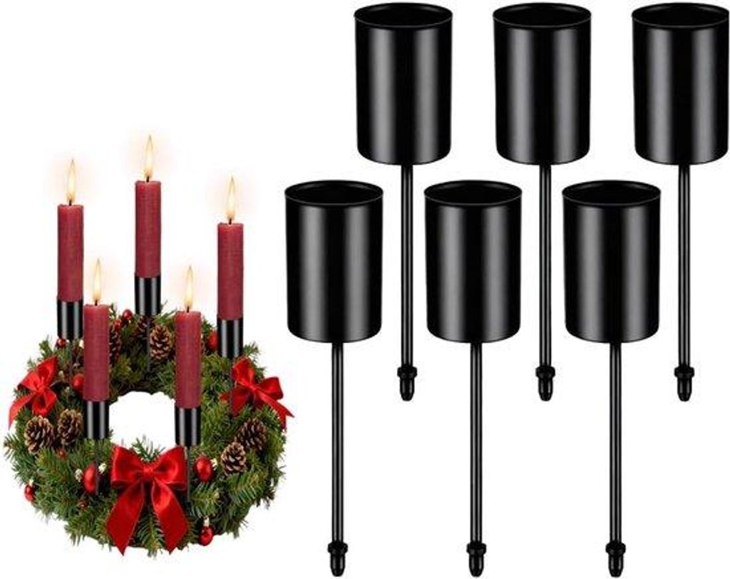 Famanu Adventskerzenhalter Set von 6 – Mit Deckel + Zange – Für Adventskranz und Tischdekoration – Schwarz