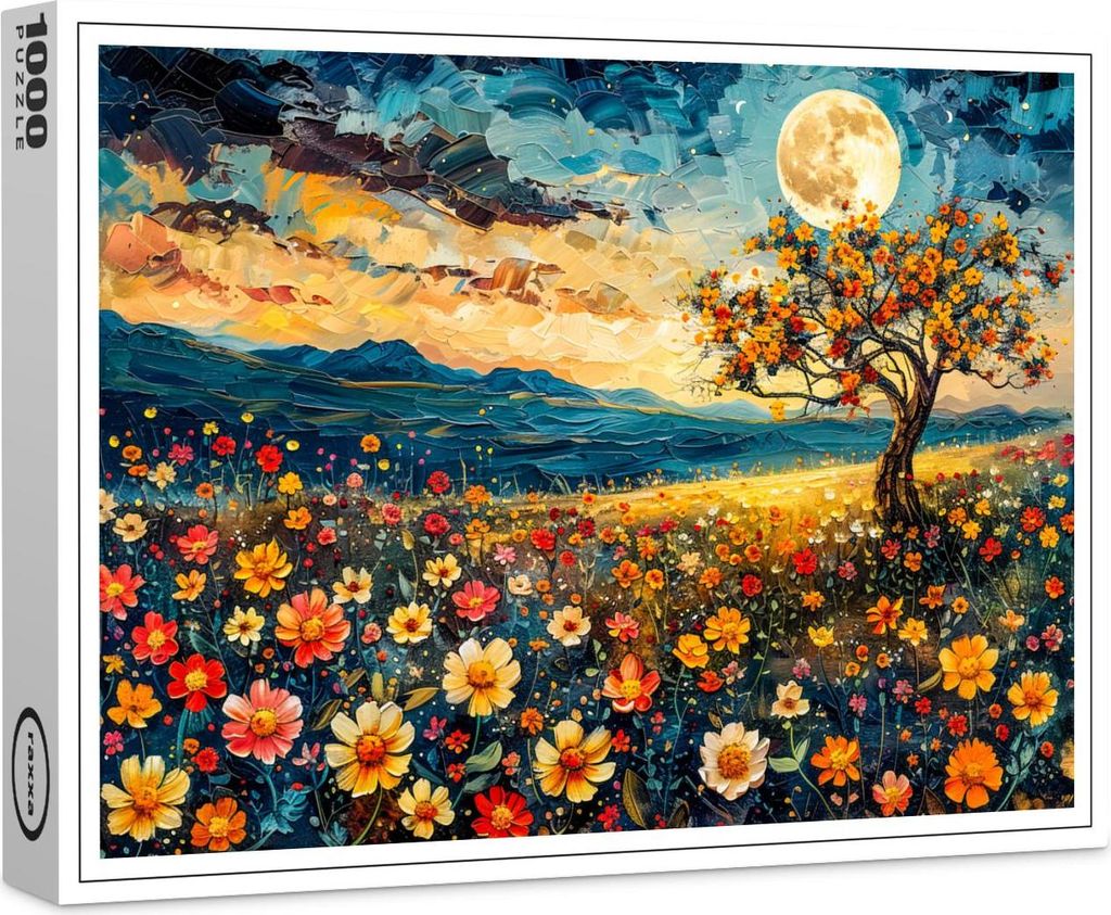 raxxa Premium-Puzzle "Abstract watercolor illustration of full moon over wildflower meadow", 1000 Teile