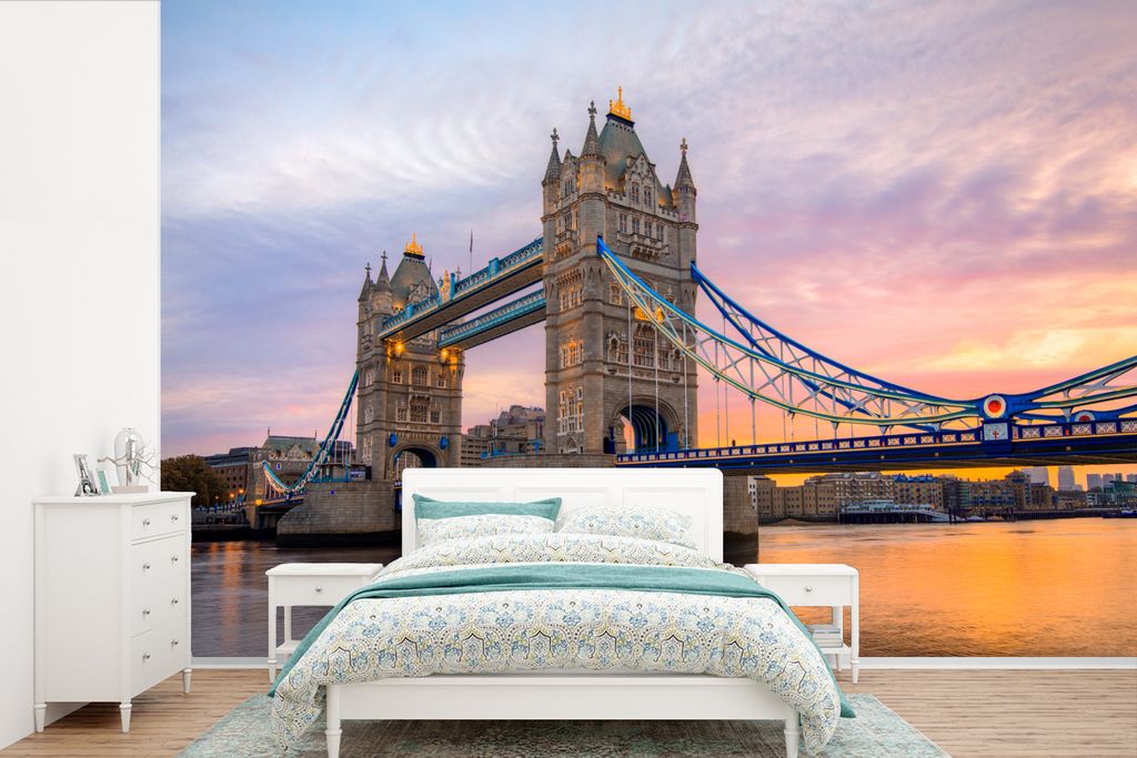 MuchoWow Fototapete für Wohnzimmer oder Schlafzimmer Wandtapete Vinyl Motivtapete Sonnenaufgang an der Tower Bridge in England - 525x350 cm - Da...