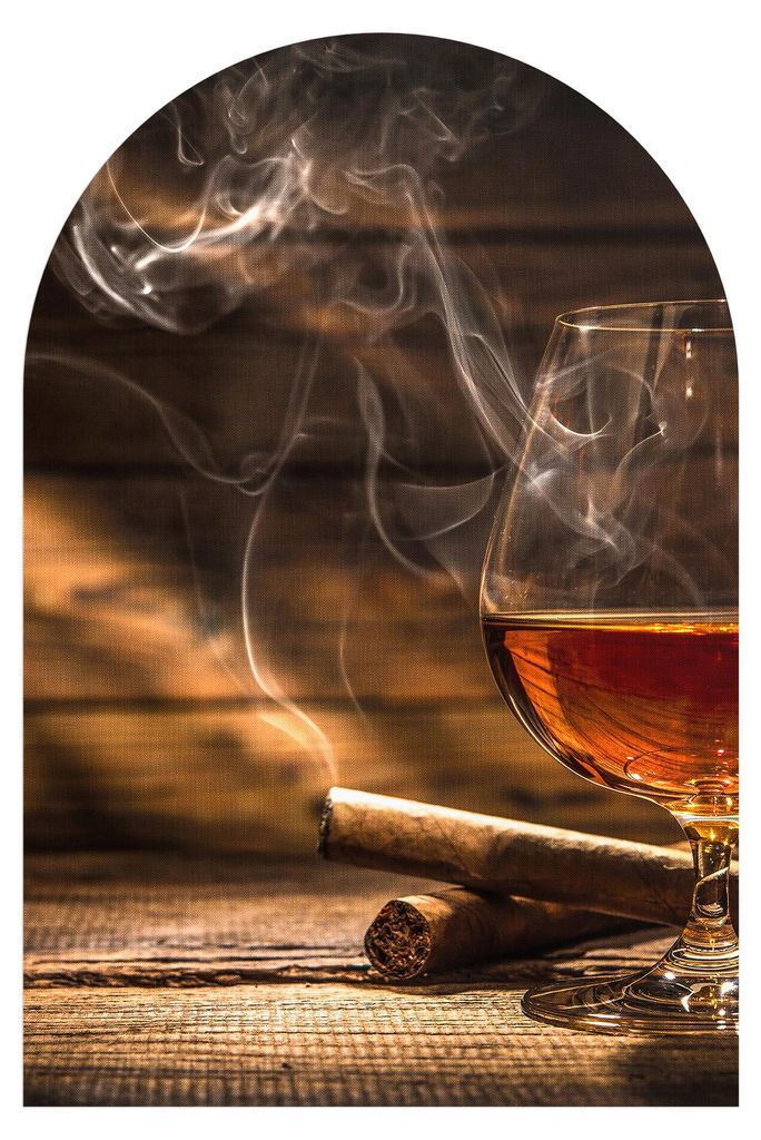 DEQORI Fototapete Rundbogen 100x150 cm 'Whiskeyglas und Zigarre' Wand Tapete Sticker