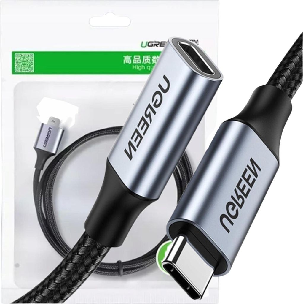 A product shot of a USB-C extension cable and its packaging.