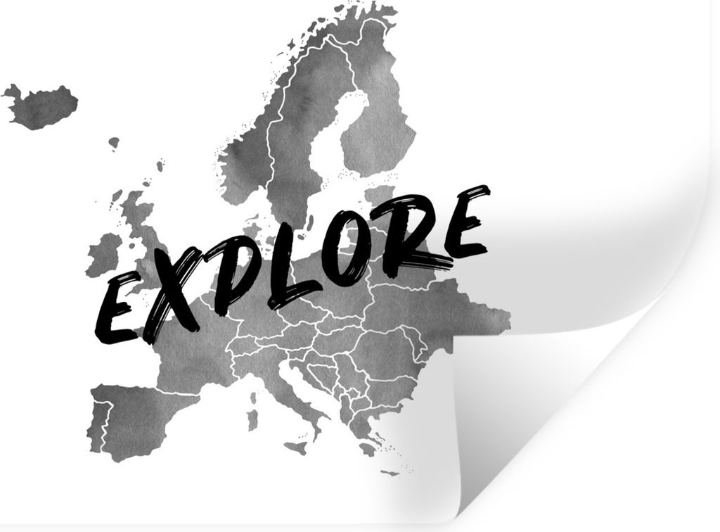 MuchoWow Wandtattoo Wandsticker Wandaufkleber Europa-Karte in grauer Aquarellfarbe mit dem Text "Explore" über den Ländern - schwarz-weiß 120x...