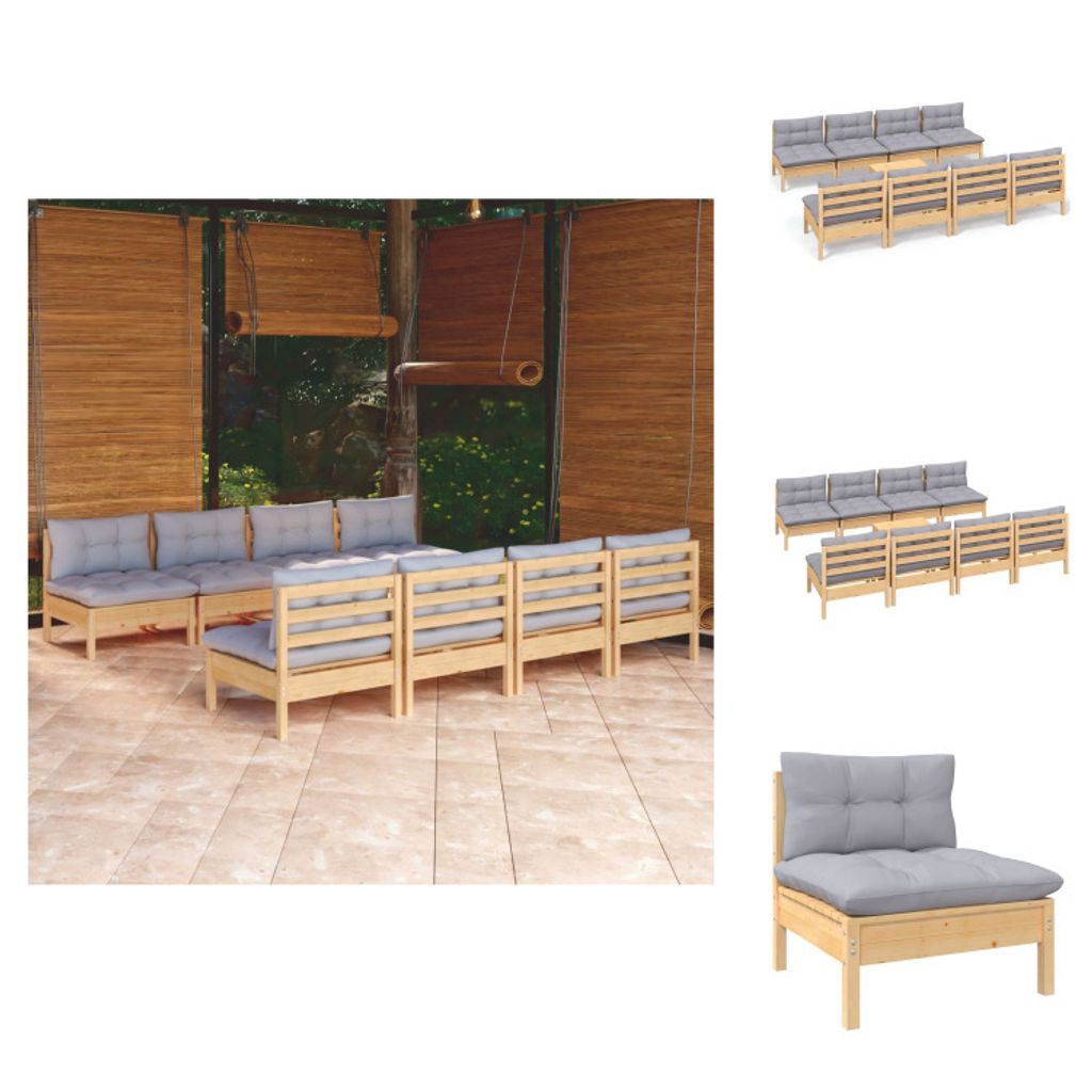 vidaXL 9-tlg. Garten-Lounge-Set mit Grauen Kissen Kiefer Massivholz - Gartenmöbel-Sets