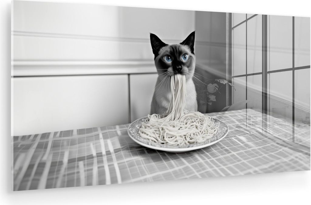 MuchoWow Glasbilder - Bilder auf Wandbild - Foto auf Glas Katze - Siamese - Schwarz und weiß - Niedlich - Tiere 120x60 cm Wanddekoration aus Glas ...
