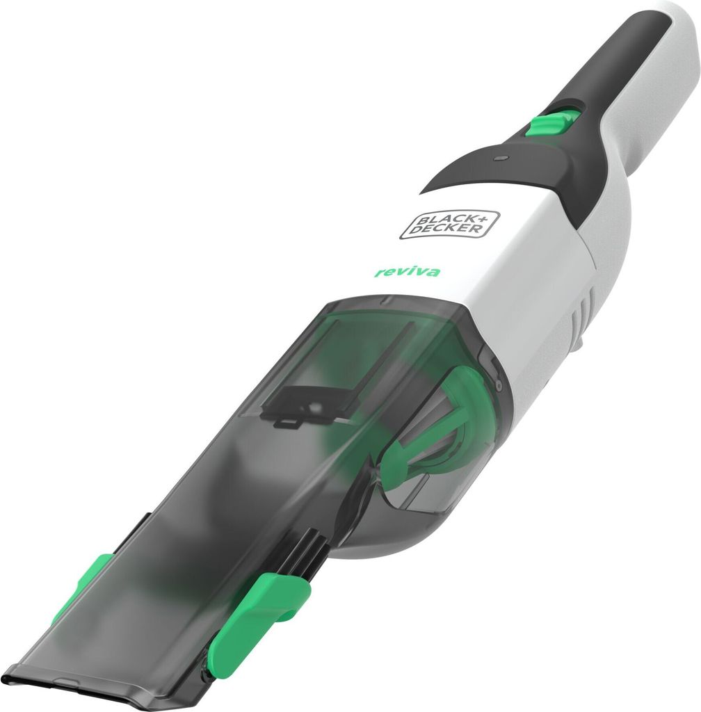 A black and white handheld vacuum cleaner with green accents against a white background.