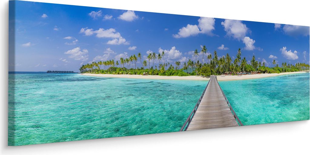 Panoramabild Canvas Tropische Insel Meer Palmen Wolken Landschaft 3D Br. 145 cm x Hö. 45 cm