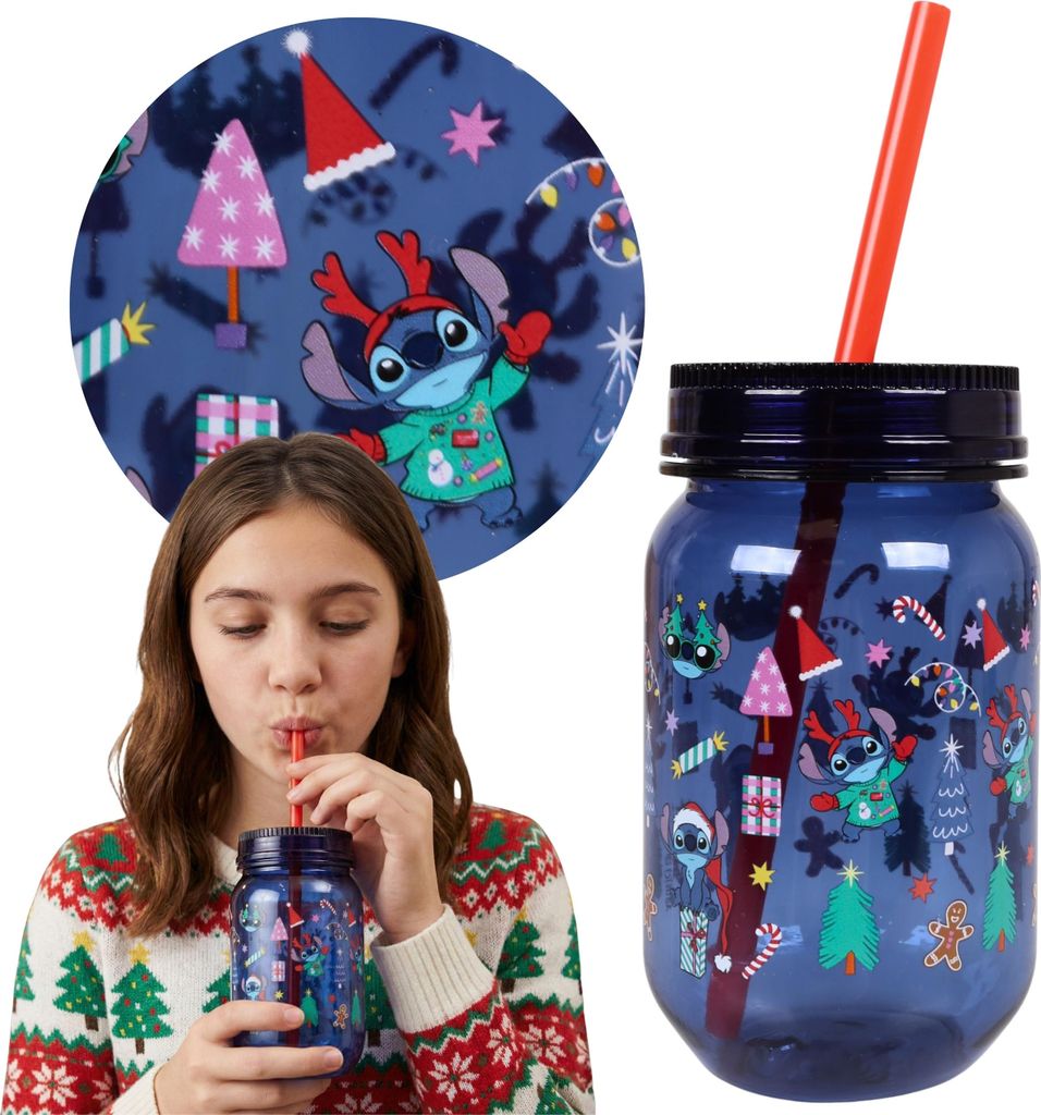DISNEY Stitch Weihnachtsbecher mit Strohhalm, Kunststoff-Trinkbecher mit Schraubverschluss, 450 ml