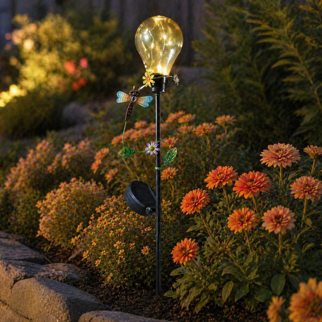 LED Solar Gartenstecker Glühbirne mit Libelle - 5 warmweiße Produktbild 