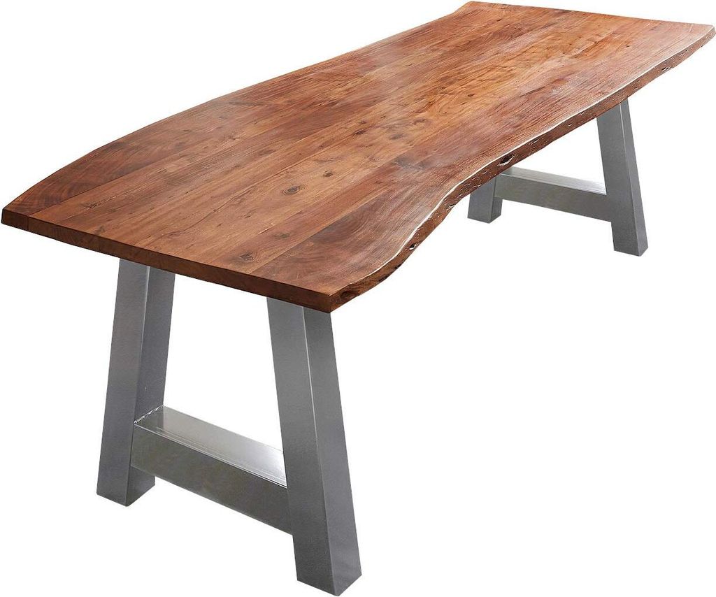 Esszimmertisch 300x100 cm Adelaide, Baumkantentisch nussbaumfarben, Akazienholz massiv, A-Gestell aus Metall Silber