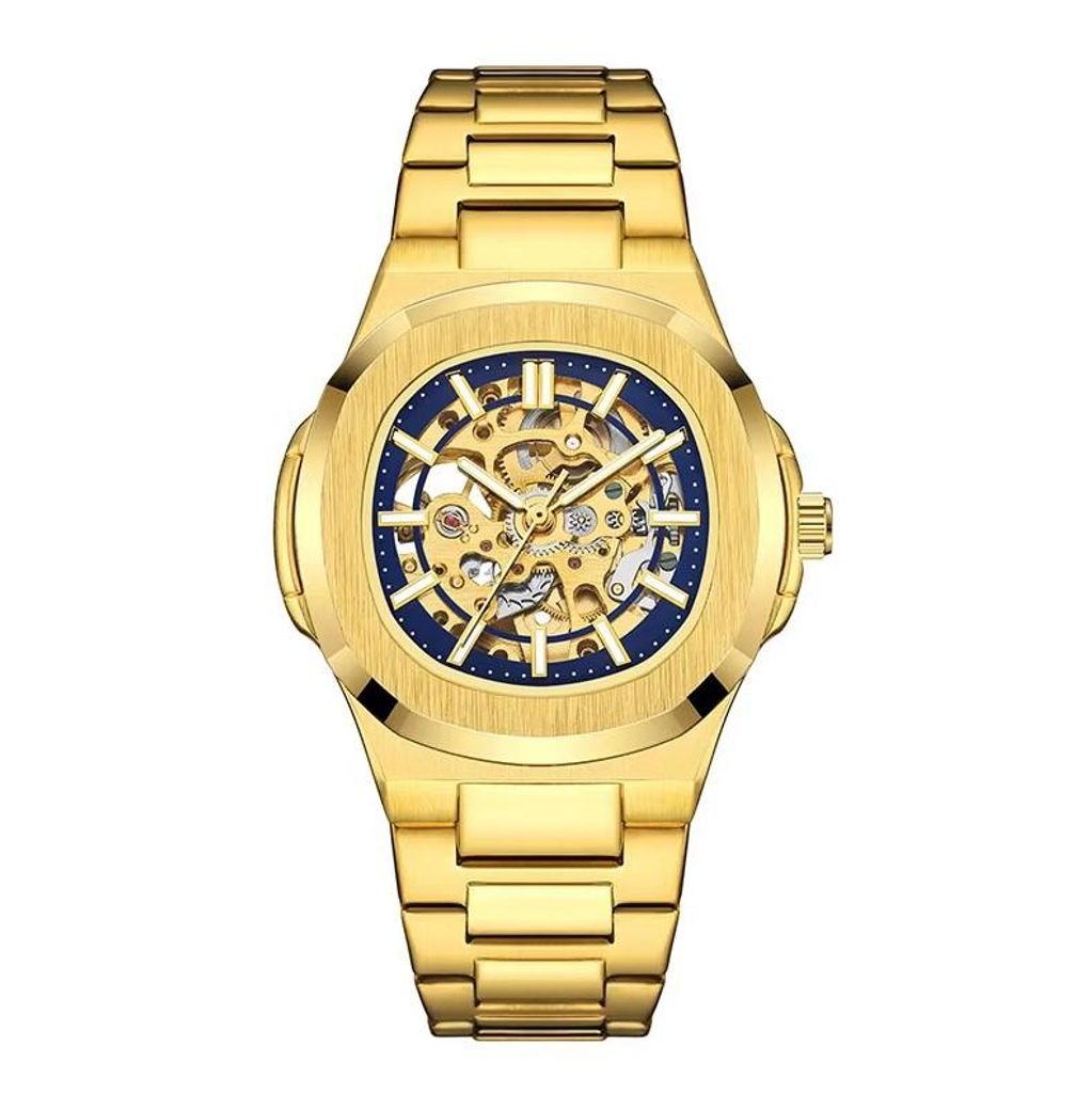 Foksy Skelett Armbanduhr Herren analog mit Automatik Uhrwerk in gold/blau, Durchsichtglas am Boden