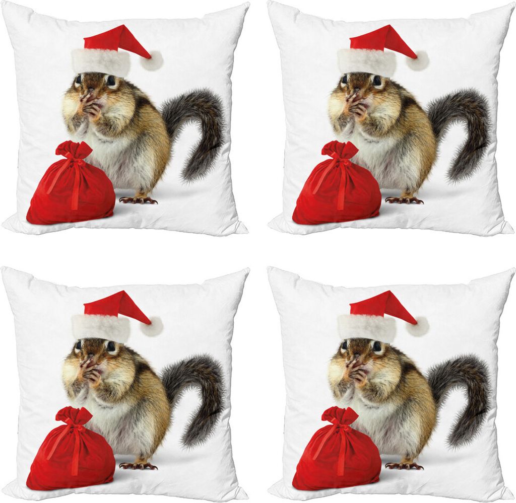 ABAKUHAUS Weihnachten Kissenbezug Set (4 Stück), Chipmunk in Sankt-Hut, Moderner Doppelseitiger Digitaldruck, 50 cm x 50 cm, Pale Gelb Weiß Rot
