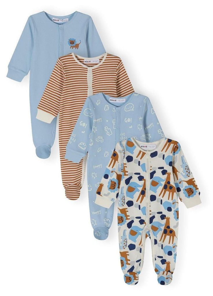 Minoti Strampler 100% Baumwolle Blau für Kinder Unisex - 4er Pack Langarm Schlafanzug mit Druckknöpfen